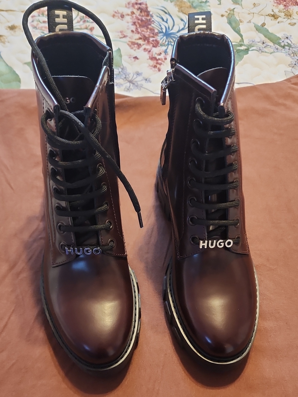 HUGO Glossy Dark Burgundy Lace-Up Combat Boots